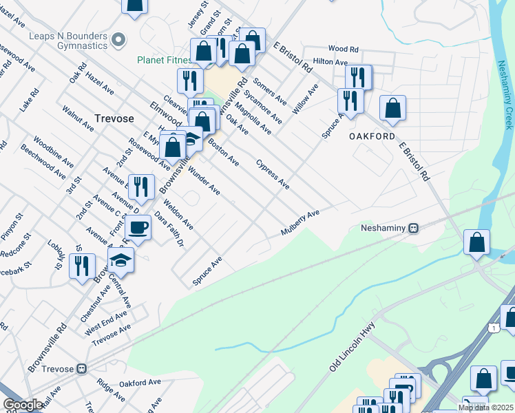 map of restaurants, bars, coffee shops, grocery stores, and more near 4830 Hazel Avenue in Feasterville-Trevose