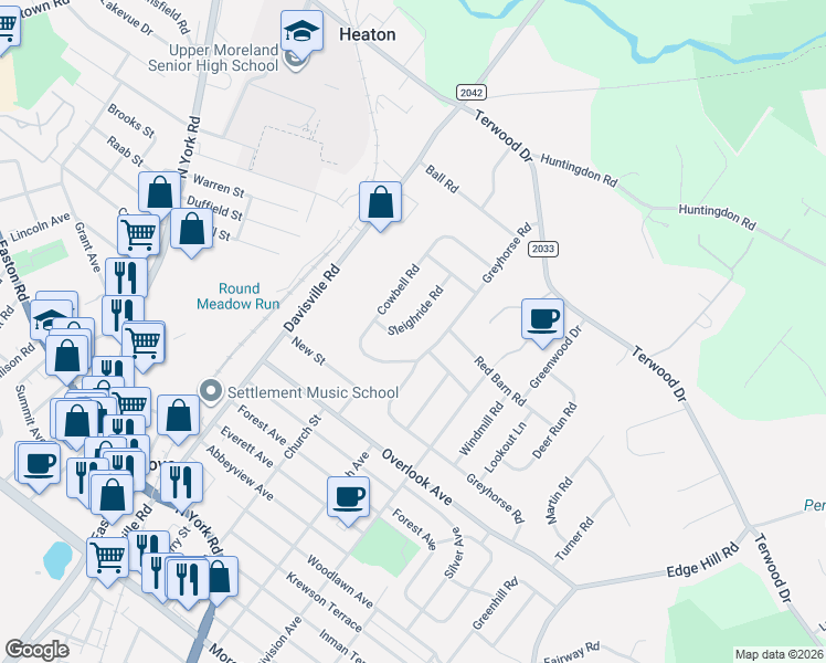 map of restaurants, bars, coffee shops, grocery stores, and more near 182 Sleighride Road in Willow Grove