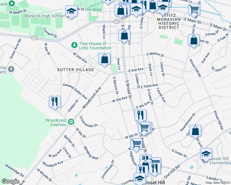 map of restaurants, bars, coffee shops, grocery stores, and more near 500 West 3rd Avenue in Lititz