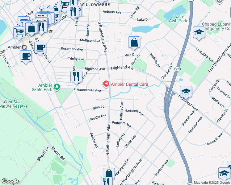 map of restaurants, bars, coffee shops, grocery stores, and more near 408 Brookwood Drive in Ambler