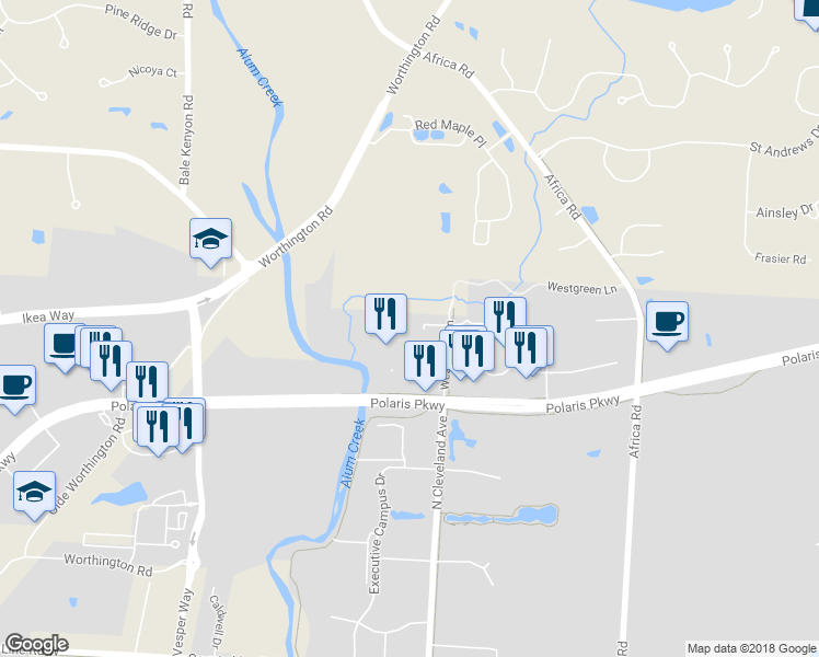 map of restaurants, bars, coffee shops, grocery stores, and more near 550 Polaris Parkway in Westerville