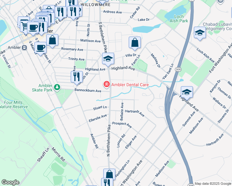 map of restaurants, bars, coffee shops, grocery stores, and more near 408 Brookwood Drive in Ambler