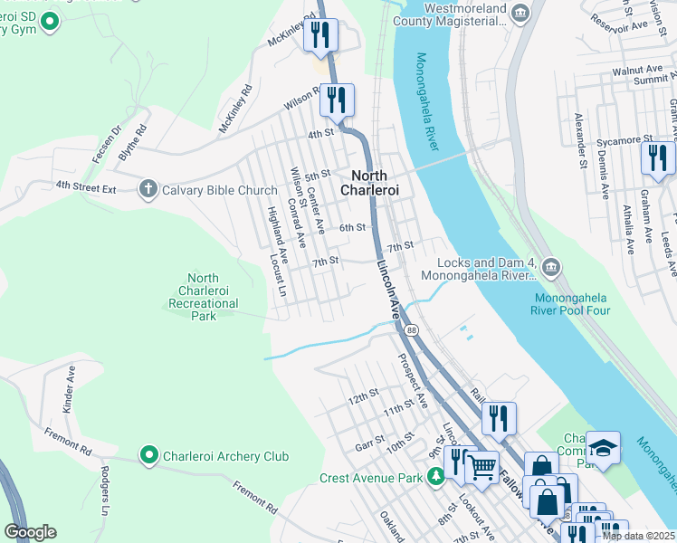 map of restaurants, bars, coffee shops, grocery stores, and more near 716 Center Avenue in Charleroi