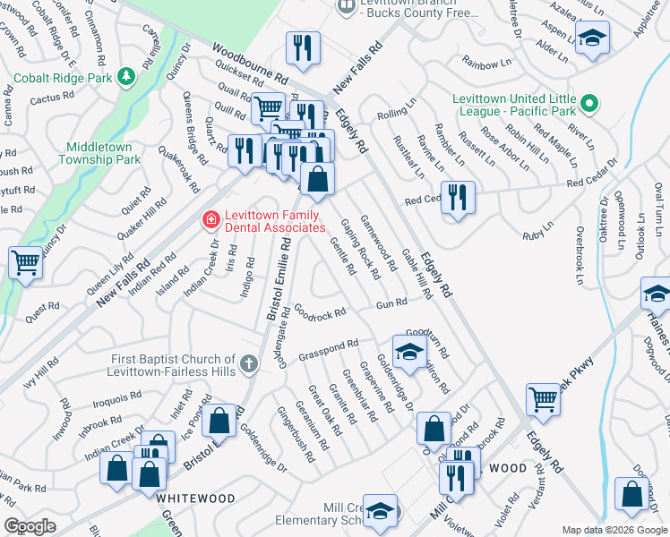 map of restaurants, bars, coffee shops, grocery stores, and more near 19 Gentle Road in Levittown