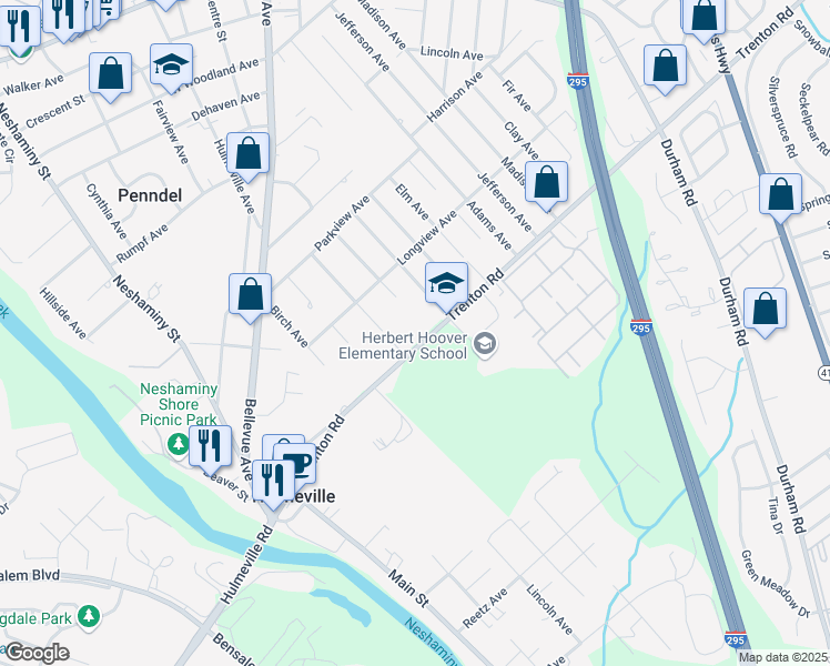 map of restaurants, bars, coffee shops, grocery stores, and more near 334 Trenton Road in Langhorne