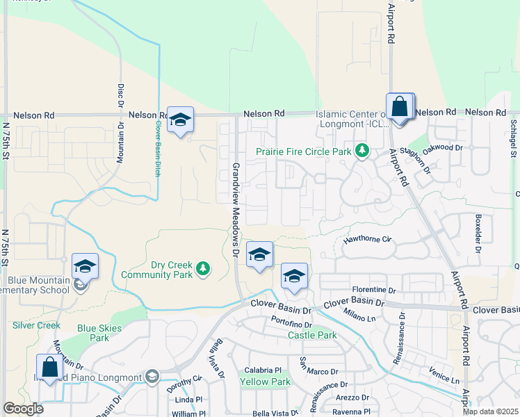 map of restaurants, bars, coffee shops, grocery stores, and more near 950 Grandview Meadows Drive in Longmont