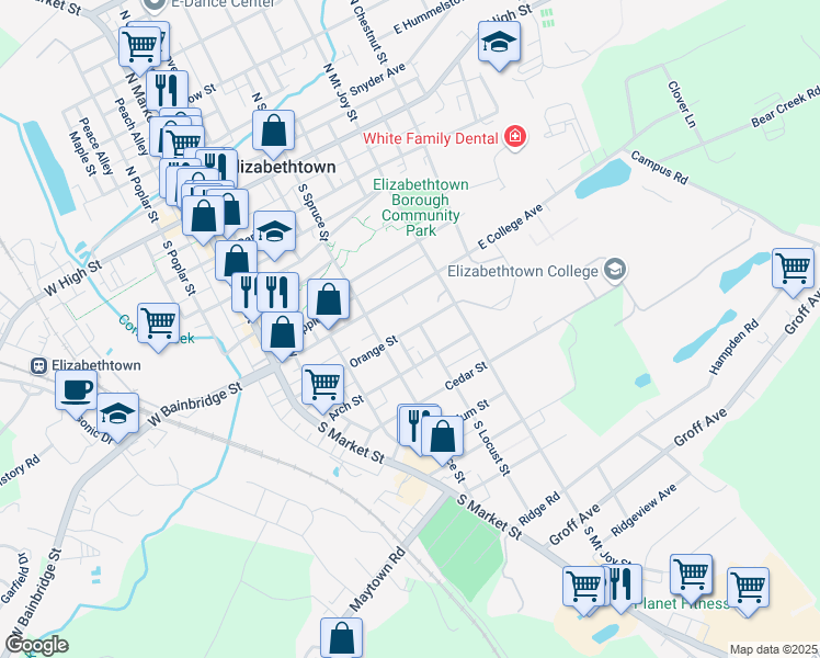 map of restaurants, bars, coffee shops, grocery stores, and more near 234 Orange Street in Elizabethtown