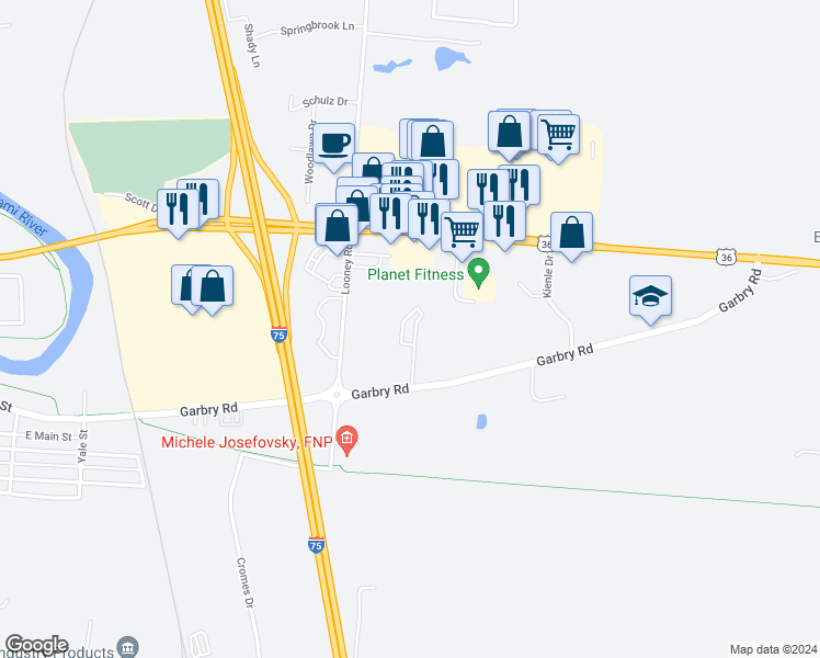 map of restaurants, bars, coffee shops, grocery stores, and more near 1244 Garbry Road in Piqua