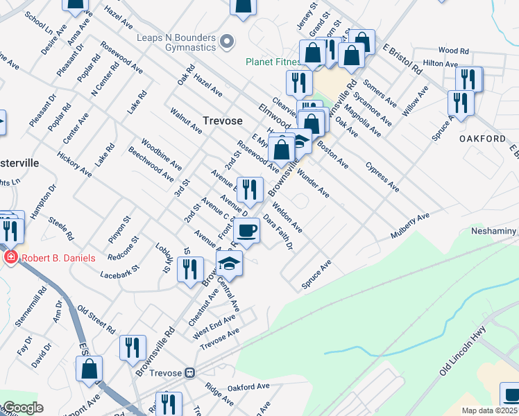 map of restaurants, bars, coffee shops, grocery stores, and more near 1544 Brownsville Road in Trevose