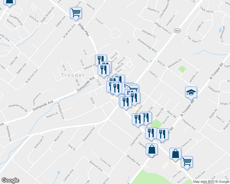 map of restaurants, bars, coffee shops, grocery stores, and more near 4 North Midland Avenue in Trooper