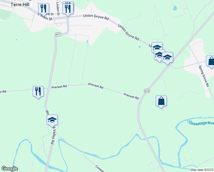map of restaurants, bars, coffee shops, grocery stores, and more near 1241 Precast Road in East Earl