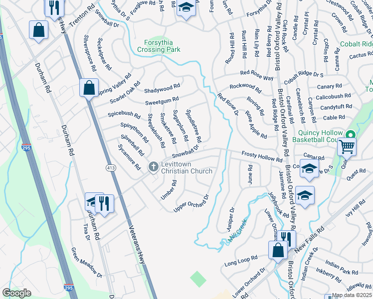 map of restaurants, bars, coffee shops, grocery stores, and more near 567 Snowball Drive in Levittown