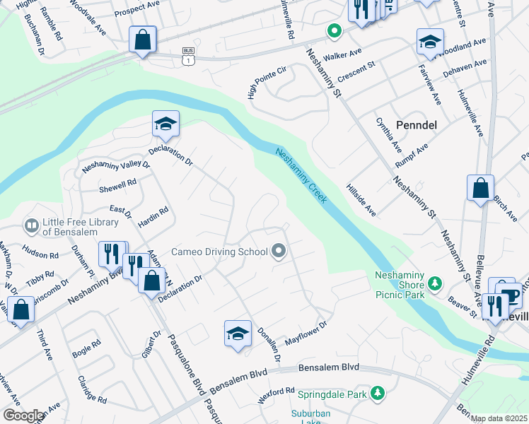 map of restaurants, bars, coffee shops, grocery stores, and more near 6524 Senator Lane in Bensalem
