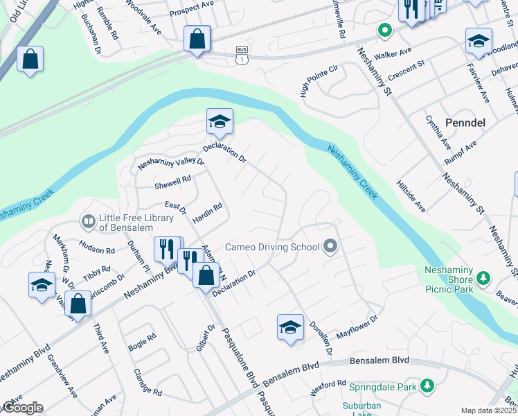 map of restaurants, bars, coffee shops, grocery stores, and more near 3240 Farragut Court in Bensalem