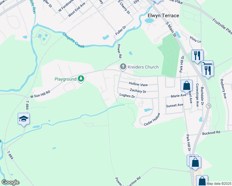 map of restaurants, bars, coffee shops, grocery stores, and more near 249 Loghes Drive in Manheim