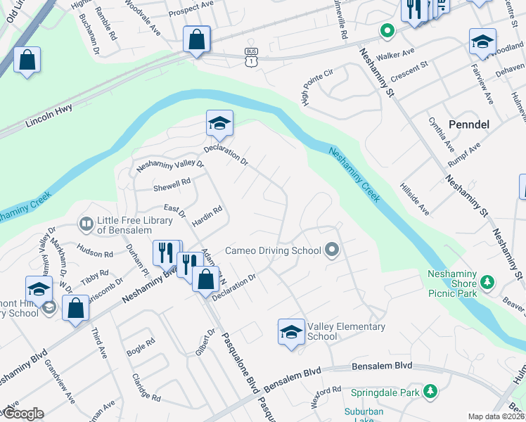 map of restaurants, bars, coffee shops, grocery stores, and more near 3240 Ethan Allen Court in Bensalem