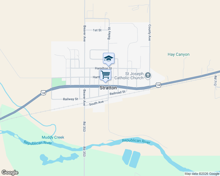 map of restaurants, bars, coffee shops, grocery stores, and more near Railroad Street in Stratton