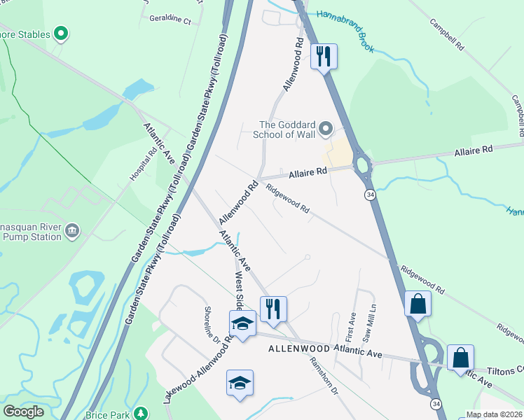 map of restaurants, bars, coffee shops, grocery stores, and more near 3242 Rambling Hill Court in Allenwood