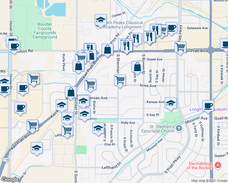 map of restaurants, bars, coffee shops, grocery stores, and more near 1205 South Sherman Street in Longmont