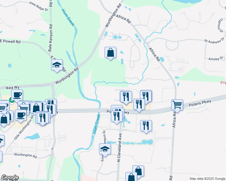 map of restaurants, bars, coffee shops, grocery stores, and more near 550 Polaris Parkway in Westerville