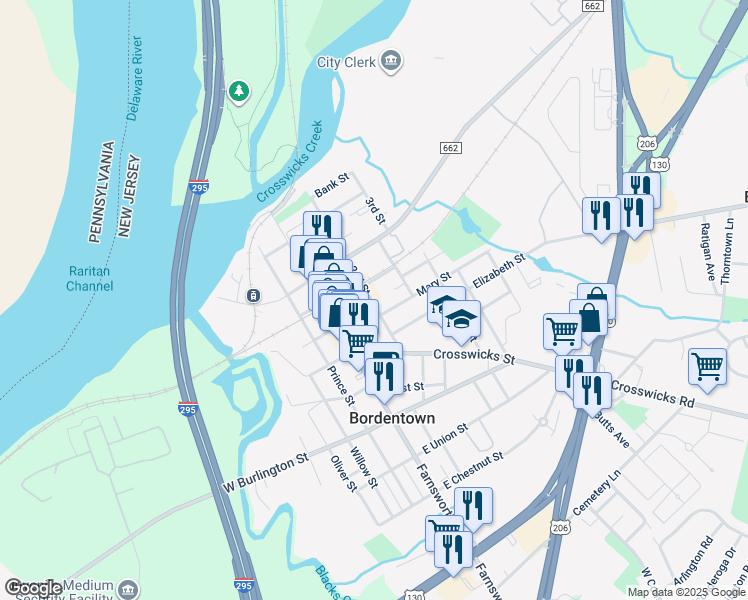 map of restaurants, bars, coffee shops, grocery stores, and more near 135 2nd Street in Bordentown