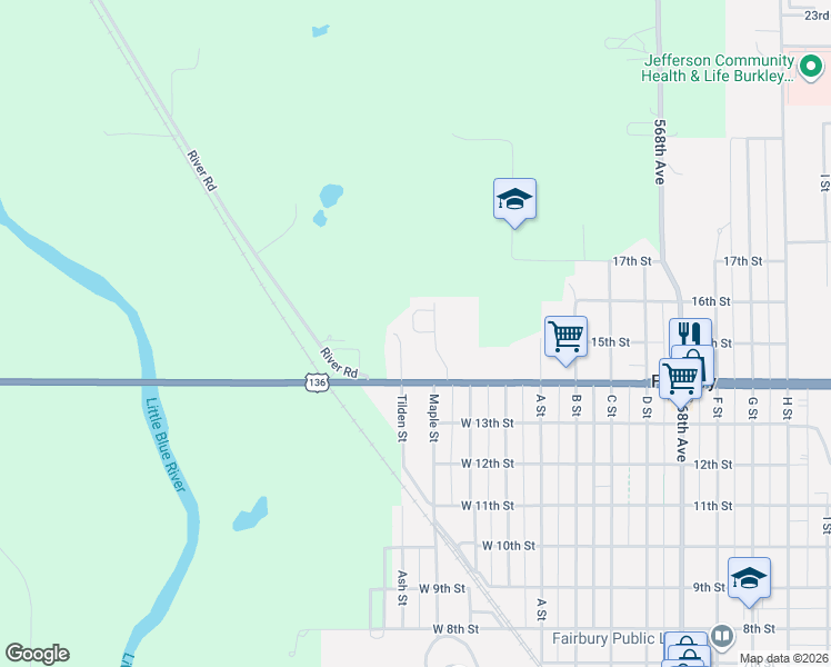 map of restaurants, bars, coffee shops, grocery stores, and more near 104 Sunburst Drive in Fairbury