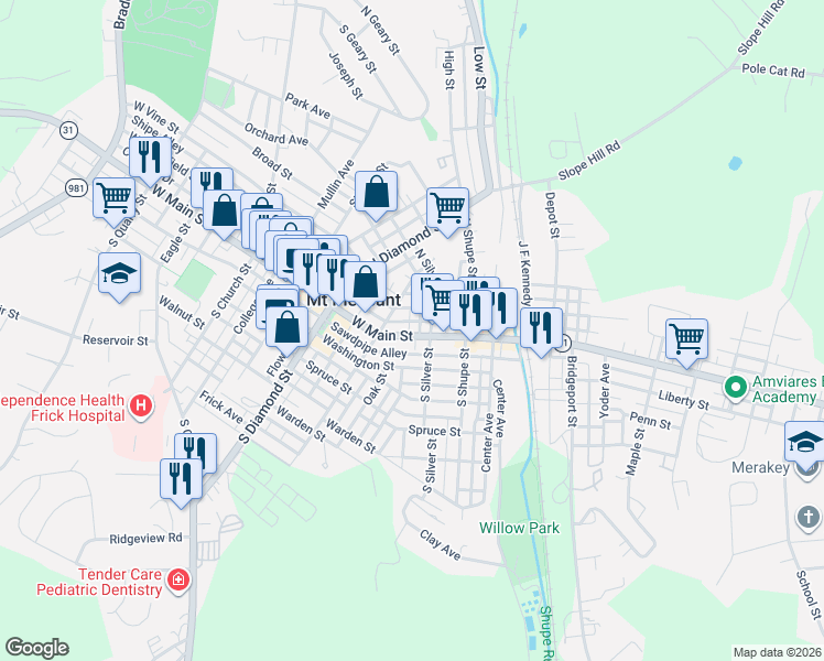 map of restaurants, bars, coffee shops, grocery stores, and more near 320 West Main Street in Mount Pleasant