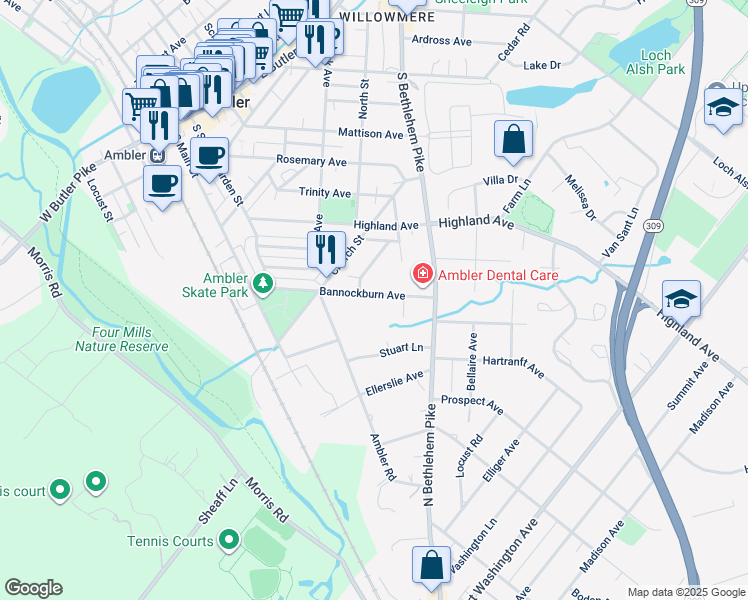 map of restaurants, bars, coffee shops, grocery stores, and more near 421 Bannockburn Avenue in Ambler
