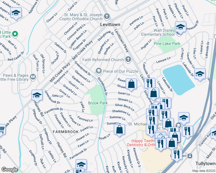 map of restaurants, bars, coffee shops, grocery stores, and more near 5 Schoolhouse Lane in Levittown