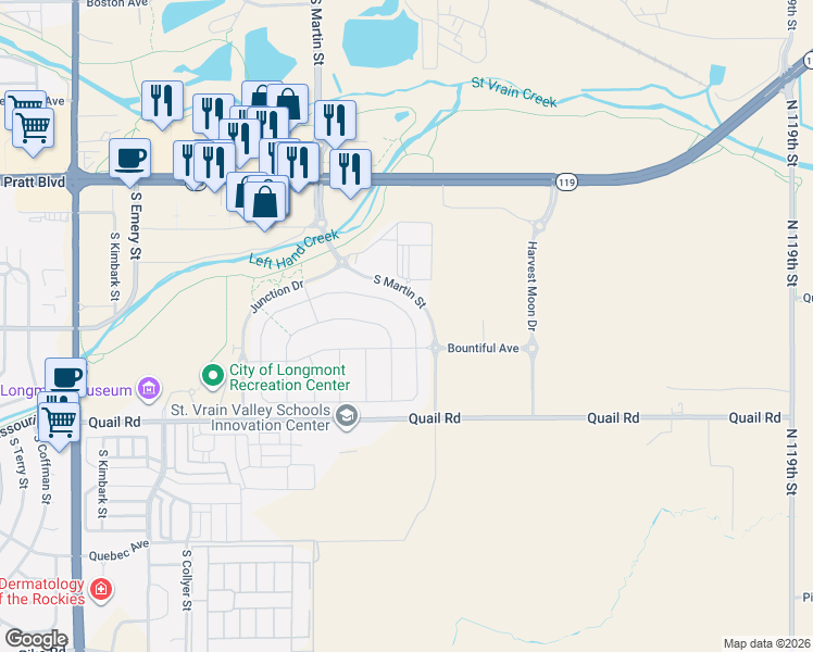 map of restaurants, bars, coffee shops, grocery stores, and more near 26 Goldmoss Place in Longmont