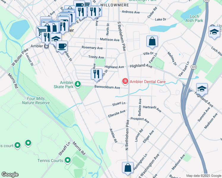 map of restaurants, bars, coffee shops, grocery stores, and more near 421 Bannockburn Avenue in Ambler