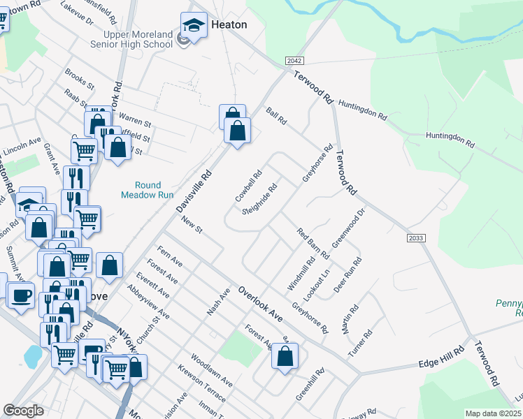 map of restaurants, bars, coffee shops, grocery stores, and more near 182 Sleighride Road in Willow Grove