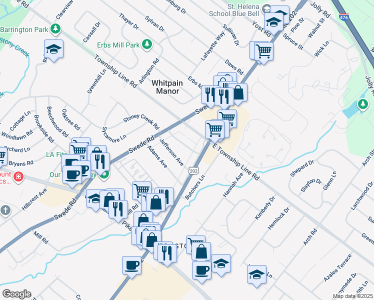 map of restaurants, bars, coffee shops, grocery stores, and more near 4 Washington Avenue in Norristown