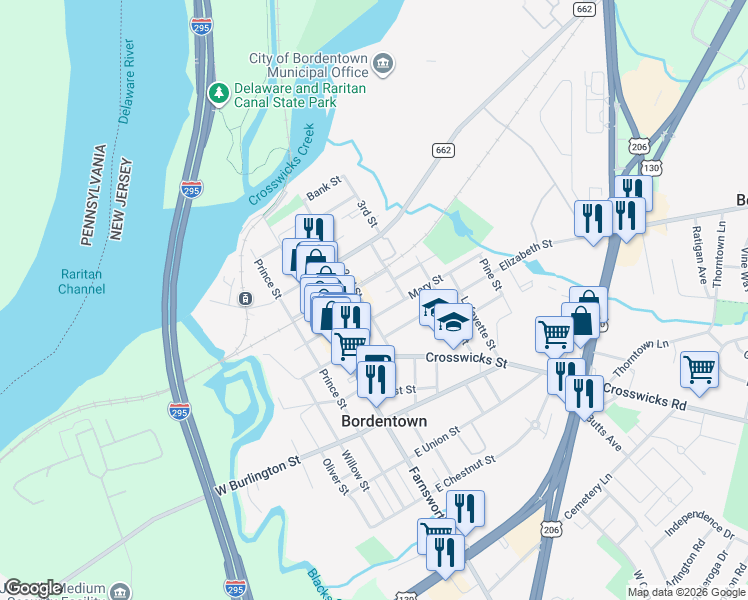 map of restaurants, bars, coffee shops, grocery stores, and more near 151 2nd Street in Bordentown