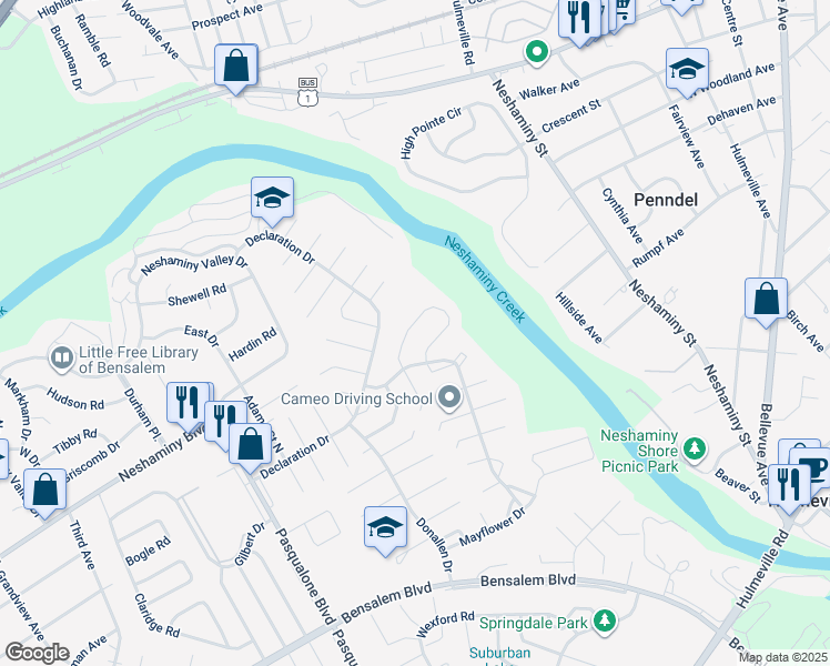 map of restaurants, bars, coffee shops, grocery stores, and more near 6584 Senator Lane in Bensalem
