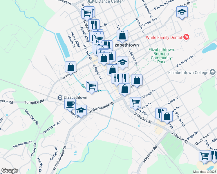 map of restaurants, bars, coffee shops, grocery stores, and more near 37 West Bainbridge Street in Elizabethtown