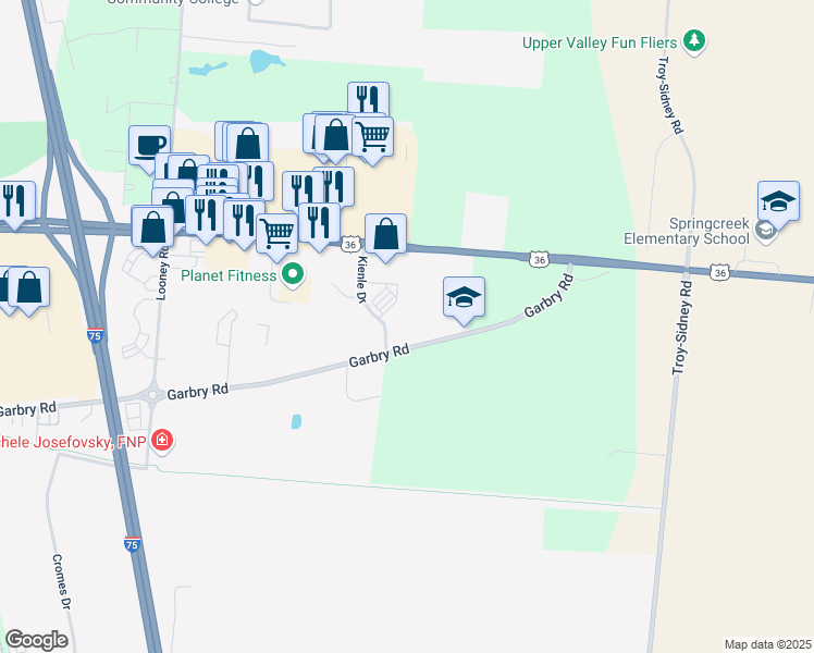 map of restaurants, bars, coffee shops, grocery stores, and more near 275 Kienle Drive in Piqua