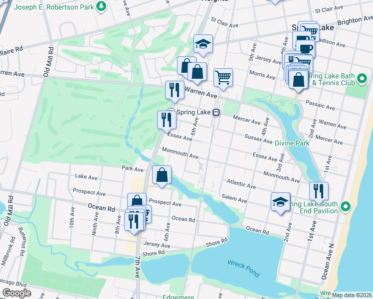 map of restaurants, bars, coffee shops, grocery stores, and more near 607 Monmouth Avenue in Spring Lake