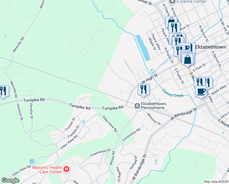 map of restaurants, bars, coffee shops, grocery stores, and more near 40 North Wilson Avenue in Elizabethtown