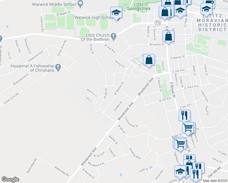 map of restaurants, bars, coffee shops, grocery stores, and more near 508 West Marion Street in Lititz