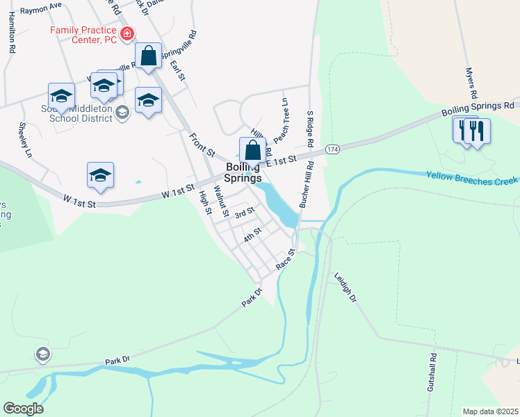map of restaurants, bars, coffee shops, grocery stores, and more near 301 Front Street in Boiling Springs