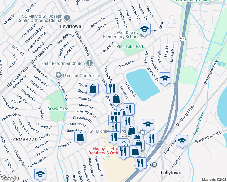 map of restaurants, bars, coffee shops, grocery stores, and more near 45 Lakeside Drive in Levittown