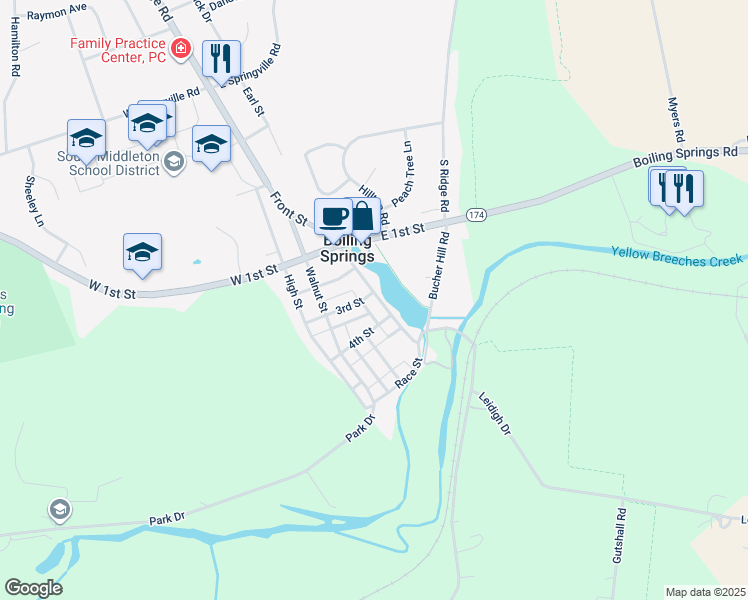 map of restaurants, bars, coffee shops, grocery stores, and more near 301 Front Street in Boiling Springs