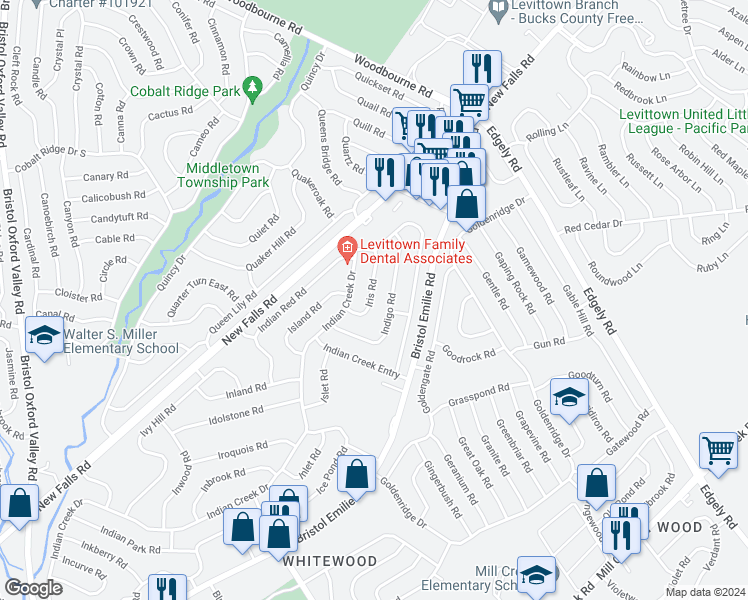 map of restaurants, bars, coffee shops, grocery stores, and more near 16 Iris Road in Levittown