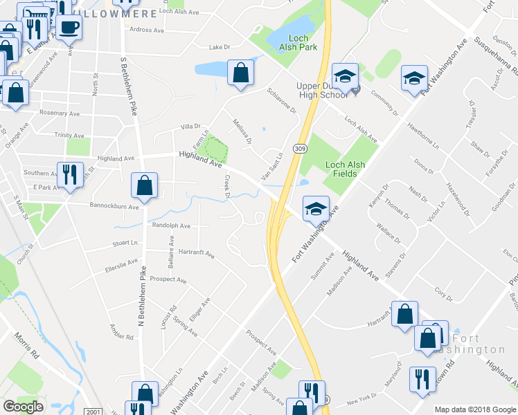 map of restaurants, bars, coffee shops, grocery stores, and more near 1405 Basswood Grove in Ambler