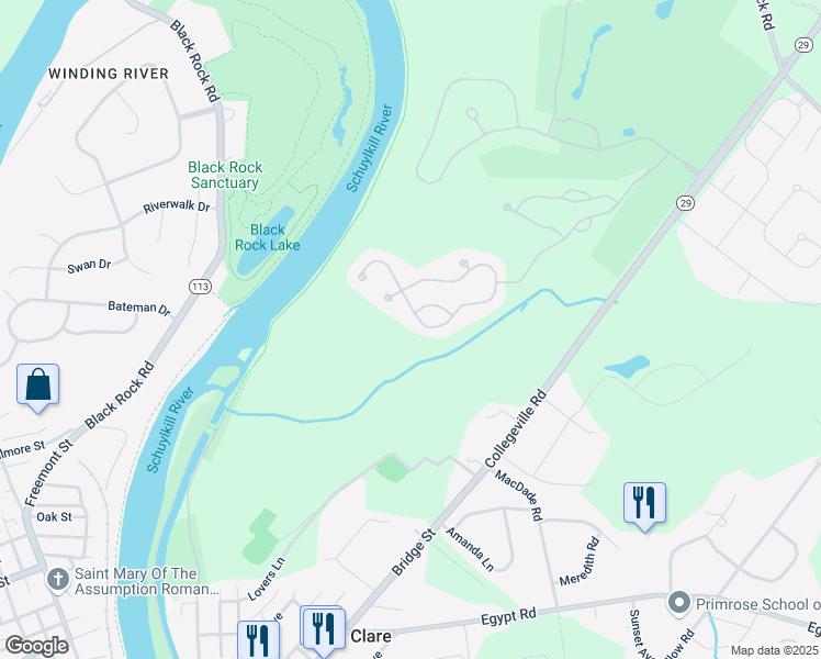 map of restaurants, bars, coffee shops, grocery stores, and more near 38 Quail Drive South in Phoenixville