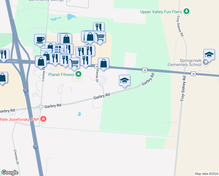 map of restaurants, bars, coffee shops, grocery stores, and more near 275 Kienle Drive in Piqua