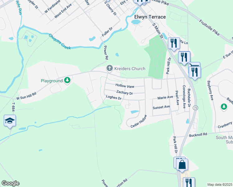 map of restaurants, bars, coffee shops, grocery stores, and more near 218 Loghes Drive in Manheim