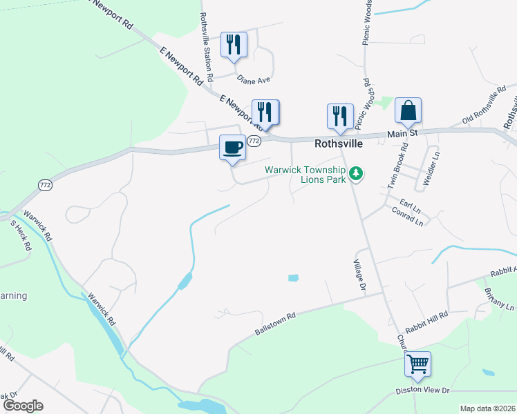 map of restaurants, bars, coffee shops, grocery stores, and more near 26 Brian Drive in Lititz