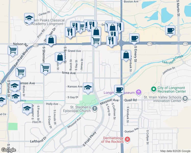 map of restaurants, bars, coffee shops, grocery stores, and more near 1007 South Terry Street in Longmont